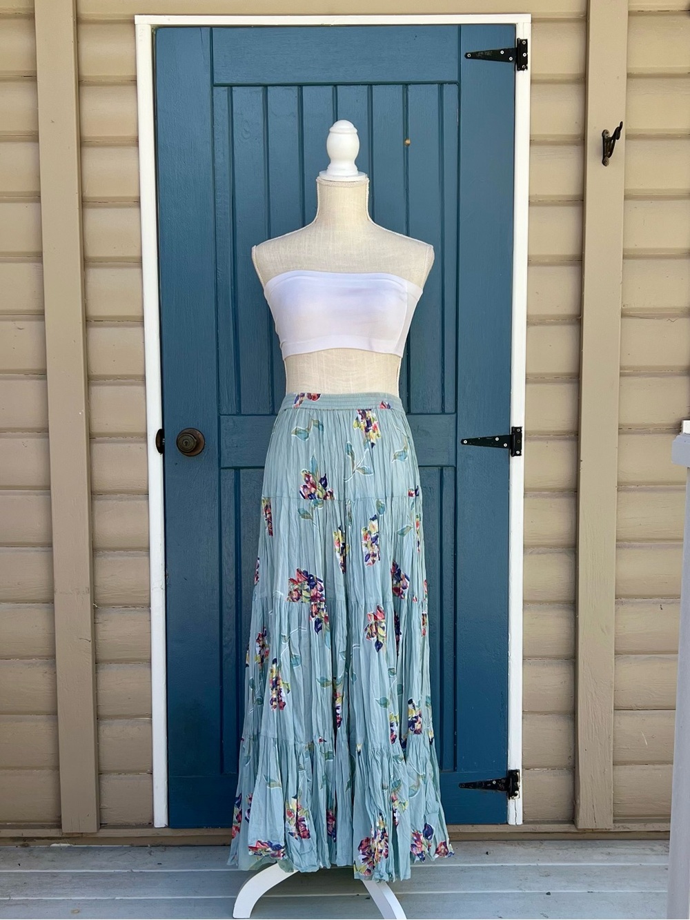 VTG 90s Sarah Arizona Floral Tiered Crinkle Cotton Maxi Skirt Boho Cottagecore L